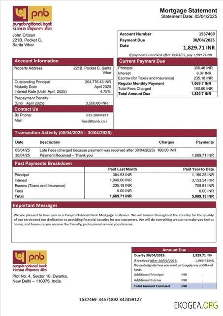 Modèle Word et PDF de relevé hypothécaire de la Banque nationale du Pendjab en Inde